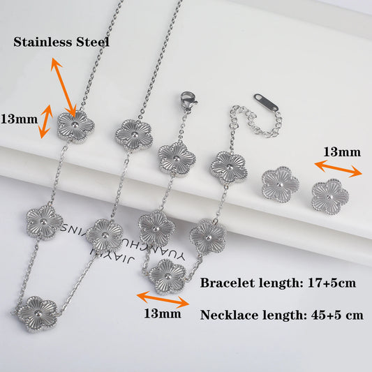 Simple 316L Stainless Steel Flower Five Leaf Necklace Bracelet Earrings 18K Gold Plated Jewelry Set For Women Girl Gift Clover