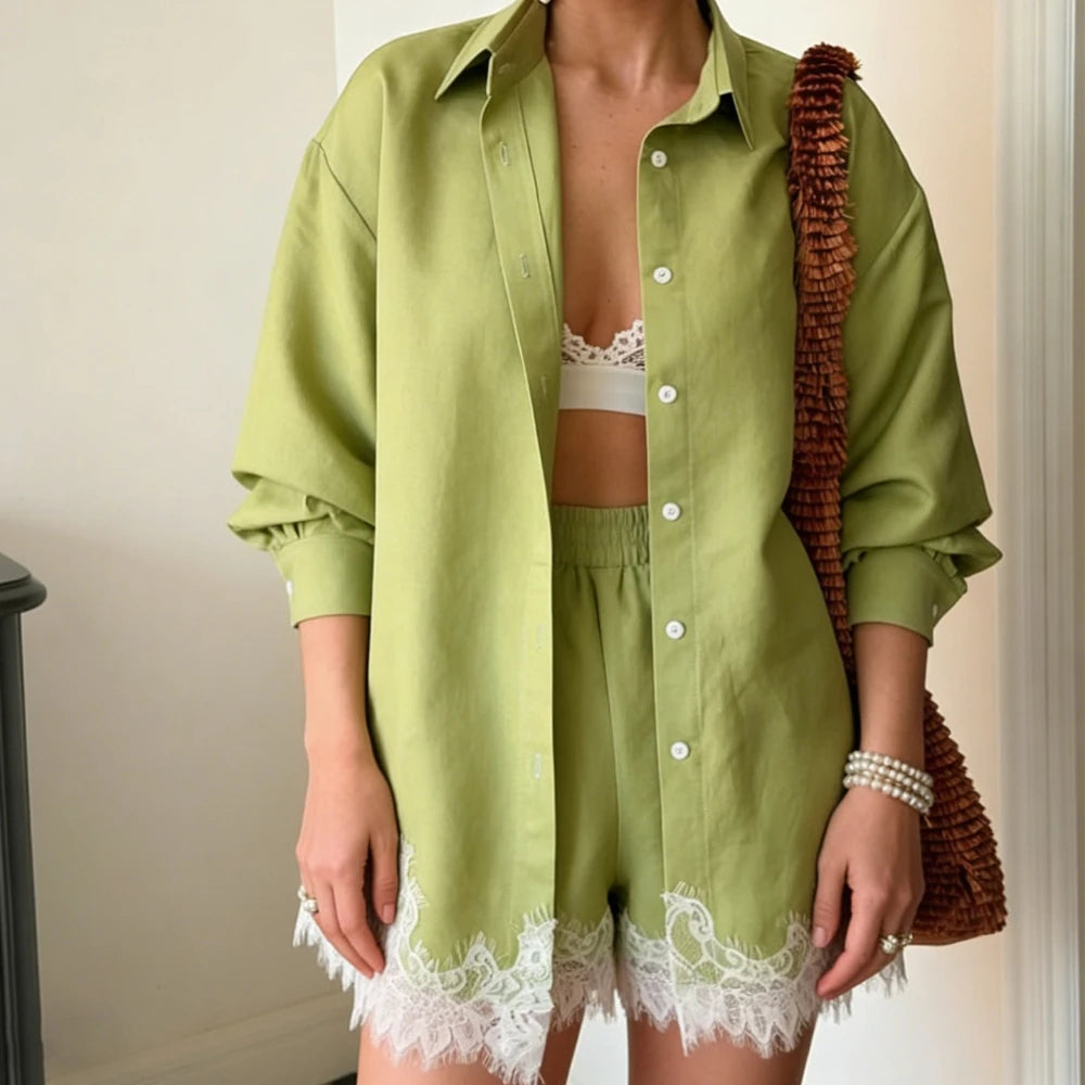 2026 New Summer Women's Lace Patchwork Shirt Shorts Two-piece