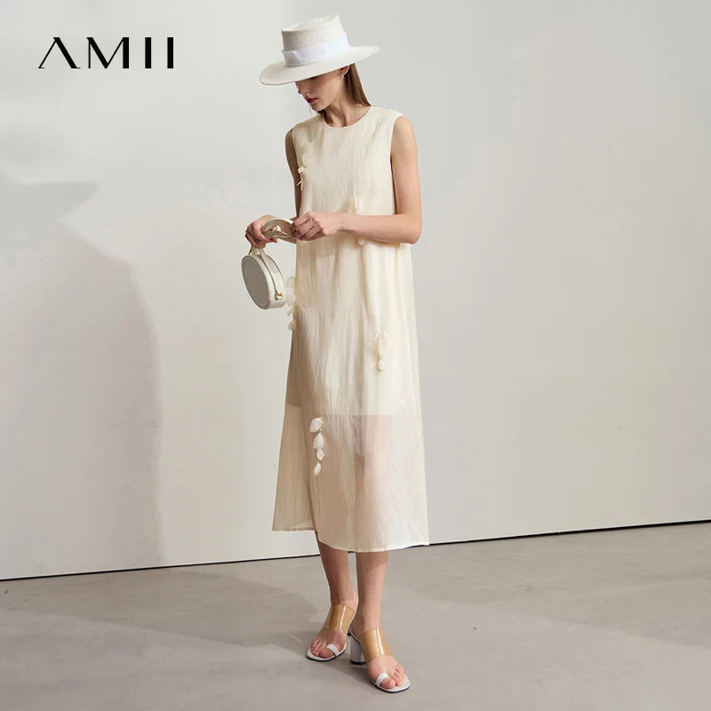 Amii Women's Dress Minimalist Solid Color Mulberry Silk Cotton Blend Sleeveless Three Dimensional Studded Flower Dress 12542104