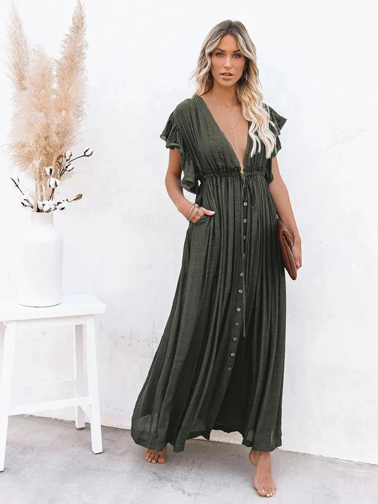 Sexy Bikini Cover-ups Deep V Neck Long White Tunic Casual Summer Beach Dress Elegant Women Clothes Beach Wear Swim Suit Cover Up