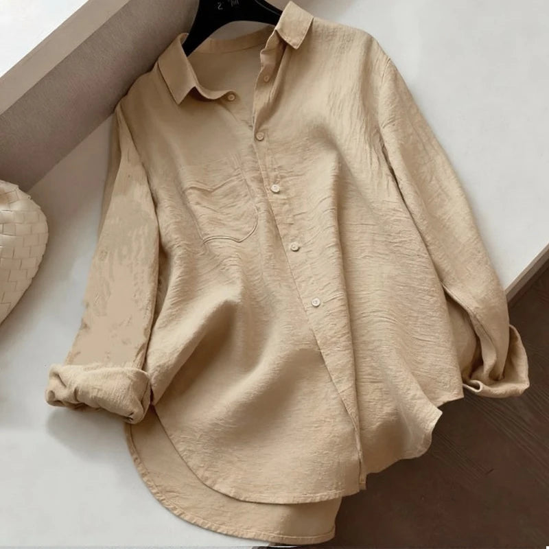 Women Minimalist Loose Tops Fashion Summer Thin Cotton Linen White Shirt Long Sleeve Blouse Solid Turn-down Collar Easy Wear