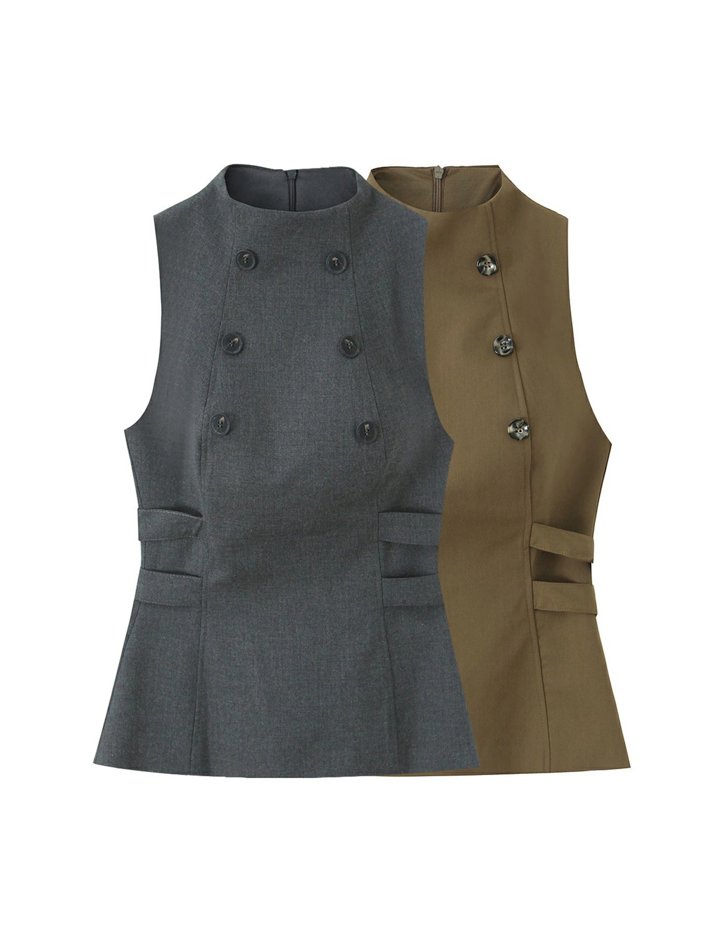 Women Top New Fashion Sleeveless O-Neck Waist-Cinching Lotus Leaf Hem Double-Breasted Top Women Sexy Elegant Vest
