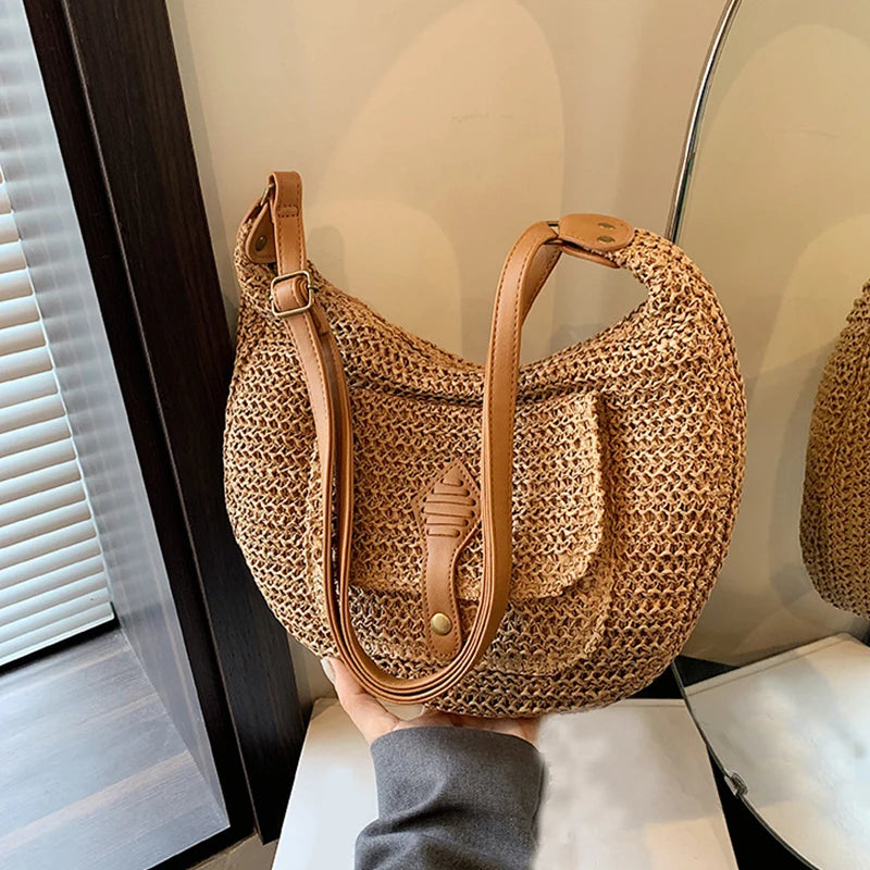Woven Summer Fashion Straw Bag Beach Holiday Crossbody Bag Shopping Large Capacity Shoulder Handbag Messenger Ladies Women