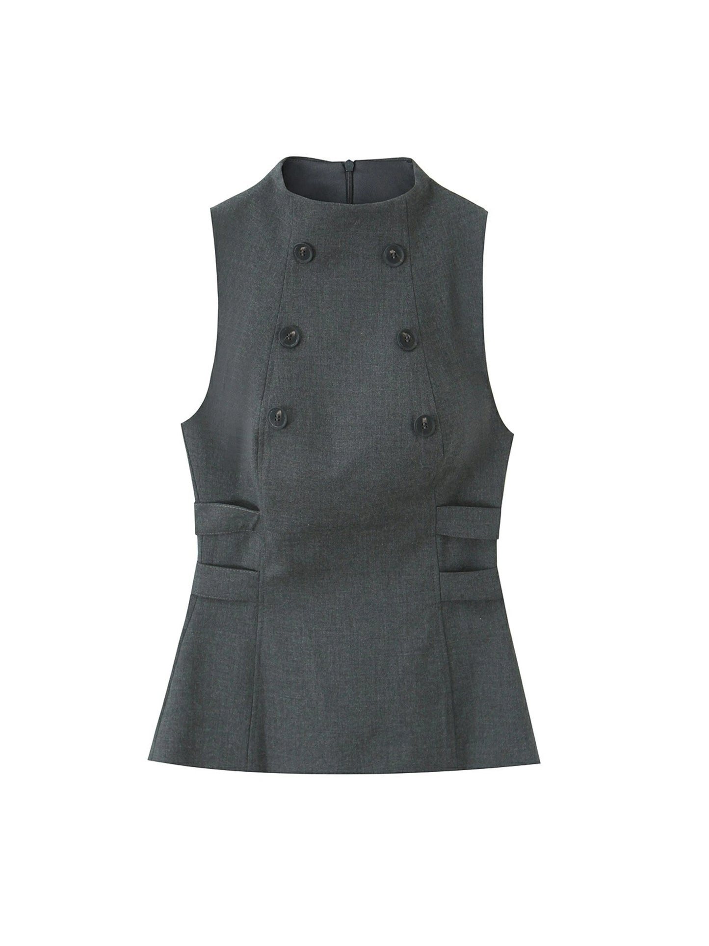 Women Top New Fashion Sleeveless O-Neck Waist-Cinching Lotus Leaf Hem Double-Breasted Top Women Sexy Elegant Vest