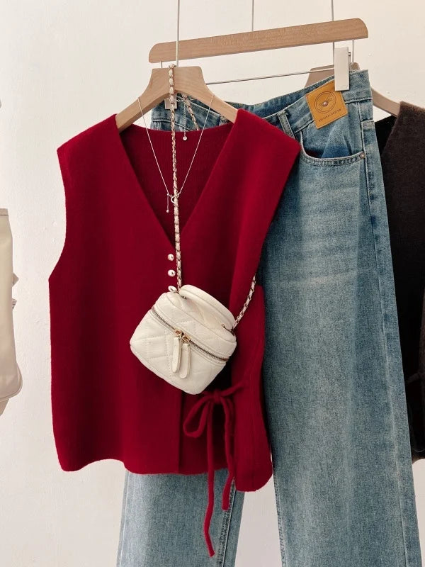 V-Neck Knitted Open Cardigan Vest Women's Outerwear Spring Autumn plus Size Slimming High-End Feelings Belted Short Top