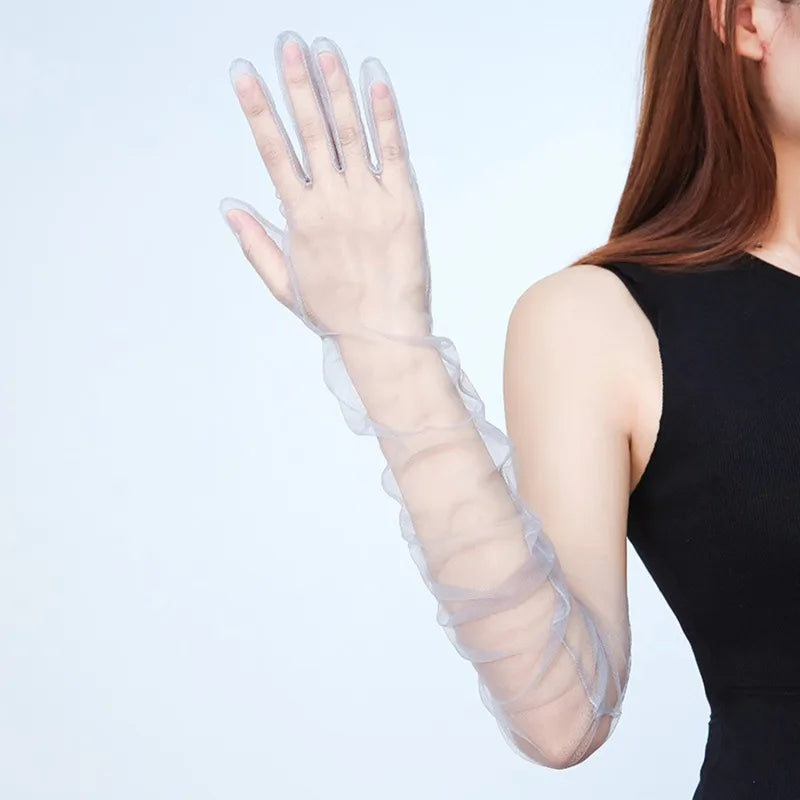 Women Transparent Thin Lace Elegant Tulle Long Gloves Mesh Gauze Sexy Wedding Party Summer Lace Ladies Prom Dress Gloves