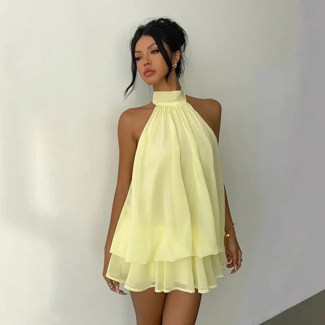 Women's Halter Neck Dress, Backless Tie-Front Chiffon Sheer Mini Skirt