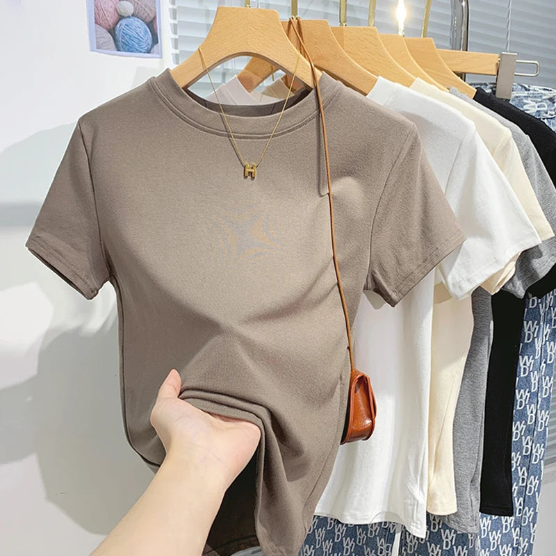 2026 New Women's 100% Cotton T-shirt Bottoming Basic Solid Lady Short Sleeve Tops Shirts Summer T Shirt