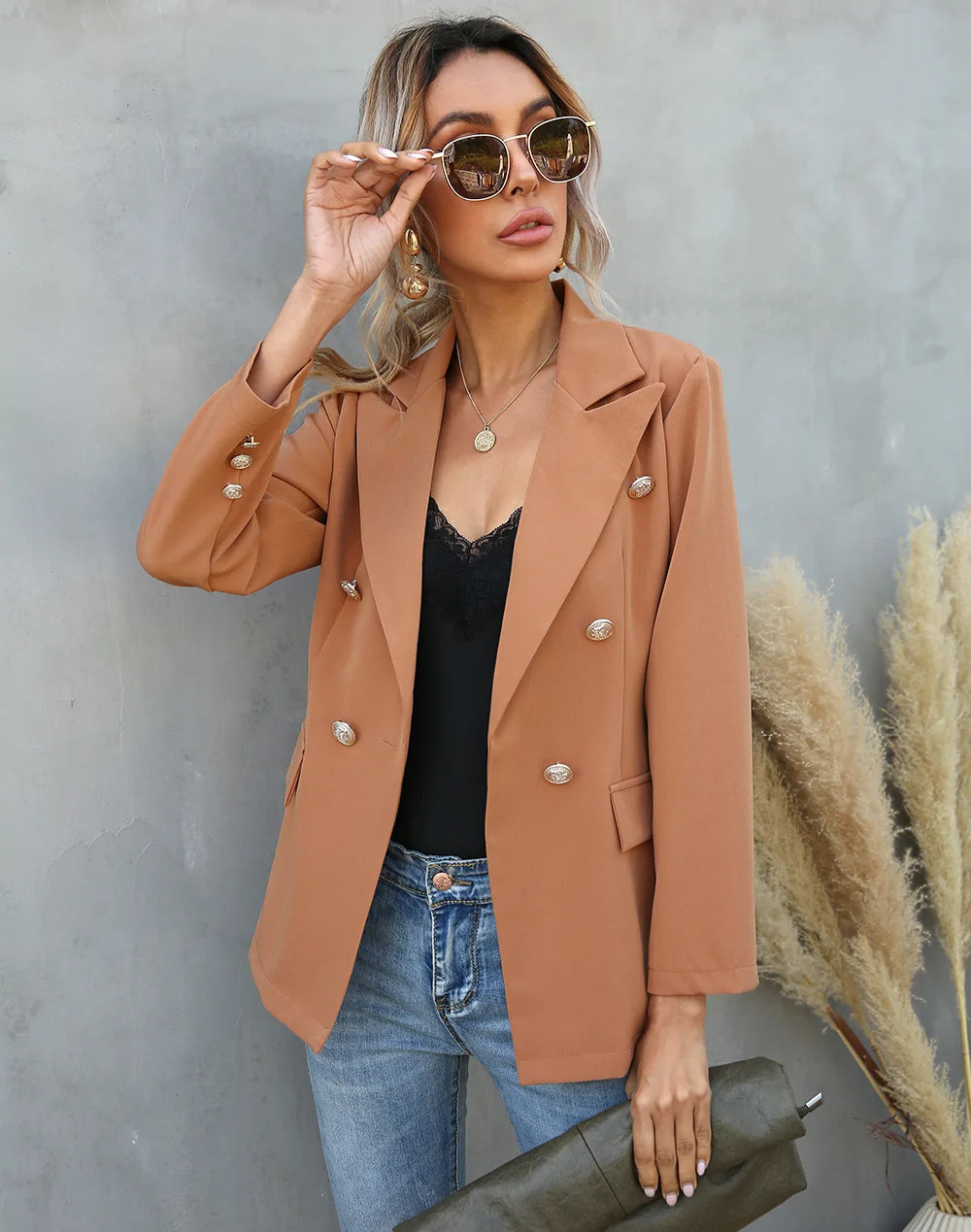 Double Breasted Outerwear Office Lady Long Sleeve Solid Jackets Spring Autumn New