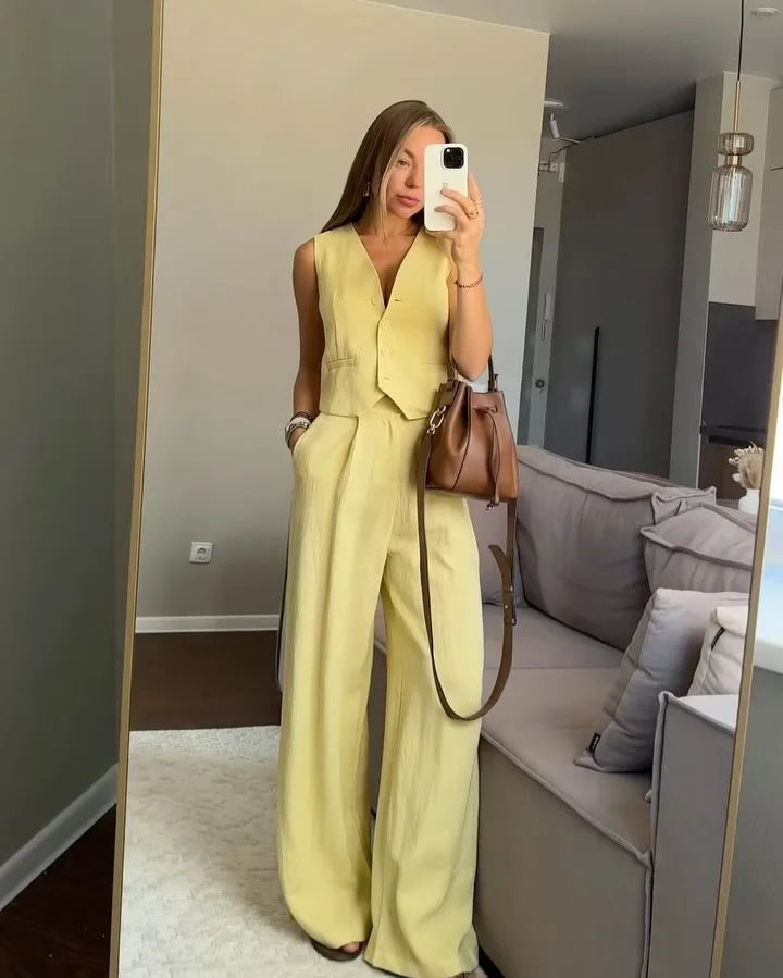 Simple Casual 2 Piece Set Women V Neck Single Breasted Crop Vest+trouser Suit Summer Fashion Pleated Wide Leg Pants Sets