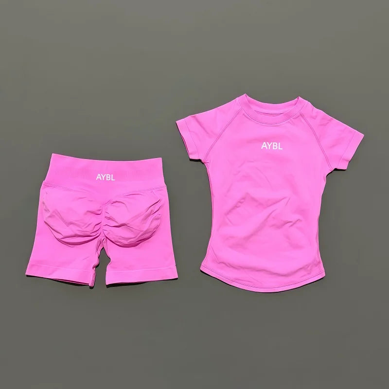 2 Pieces Sports Sets Short Sleeve Sculpt T Shirt Seamless Yoga Top Fitness Set Women
