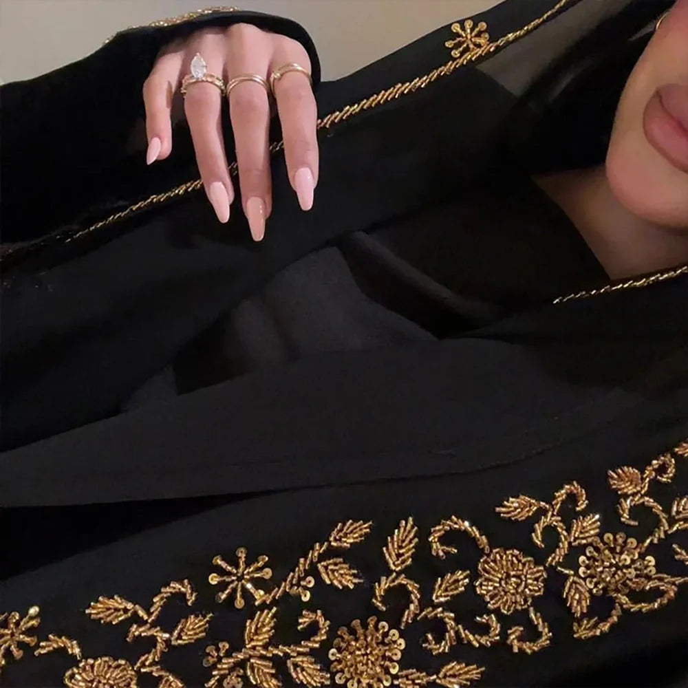 Abaya Eid Gold Embroidery Design Long Sleeve Dubai