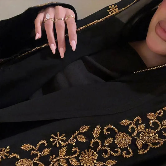 Abaya Eid Gold Embroidery Design Long Sleeve Dubai