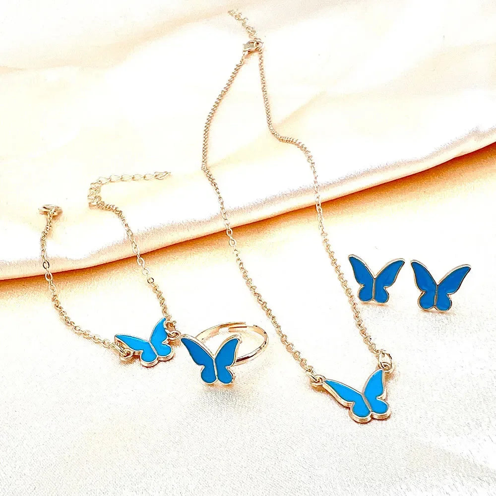 4pcs/Set Sweet Jewelry Set Butterfly Pendant Imitation Pearl Necklace for Women Pearl Earrings Girl Jewellery Women Gift