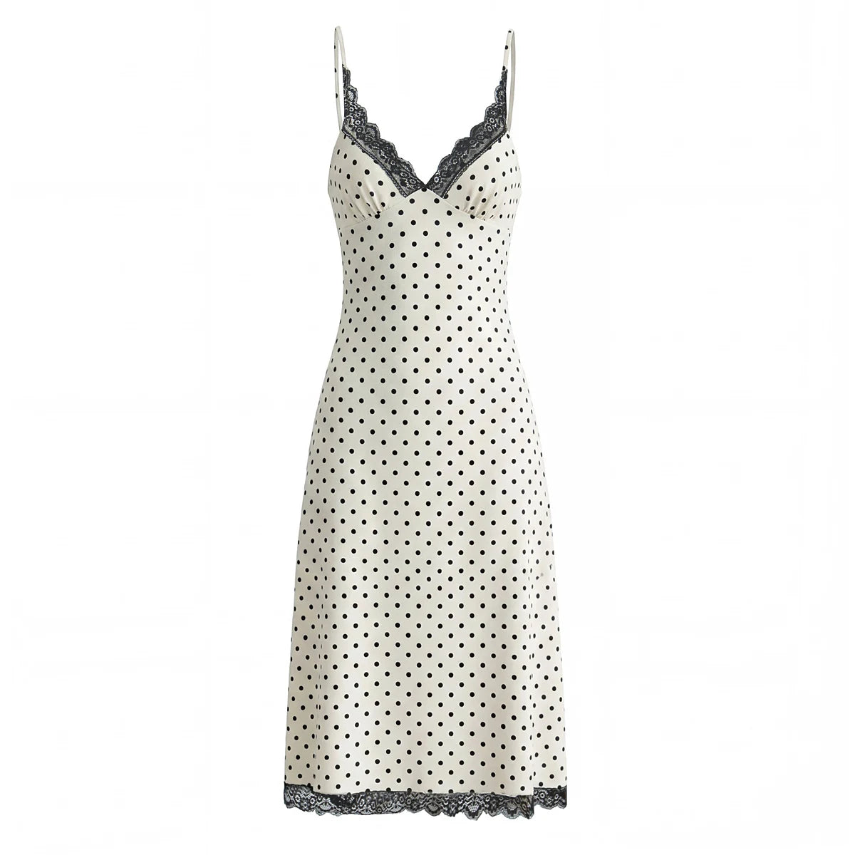 Sexy Milky Black Polka Dot Print Spliced Lace Ruched V Neck Sling Dress Women No Back Backless A-line Long Vestidos Robe Holiday