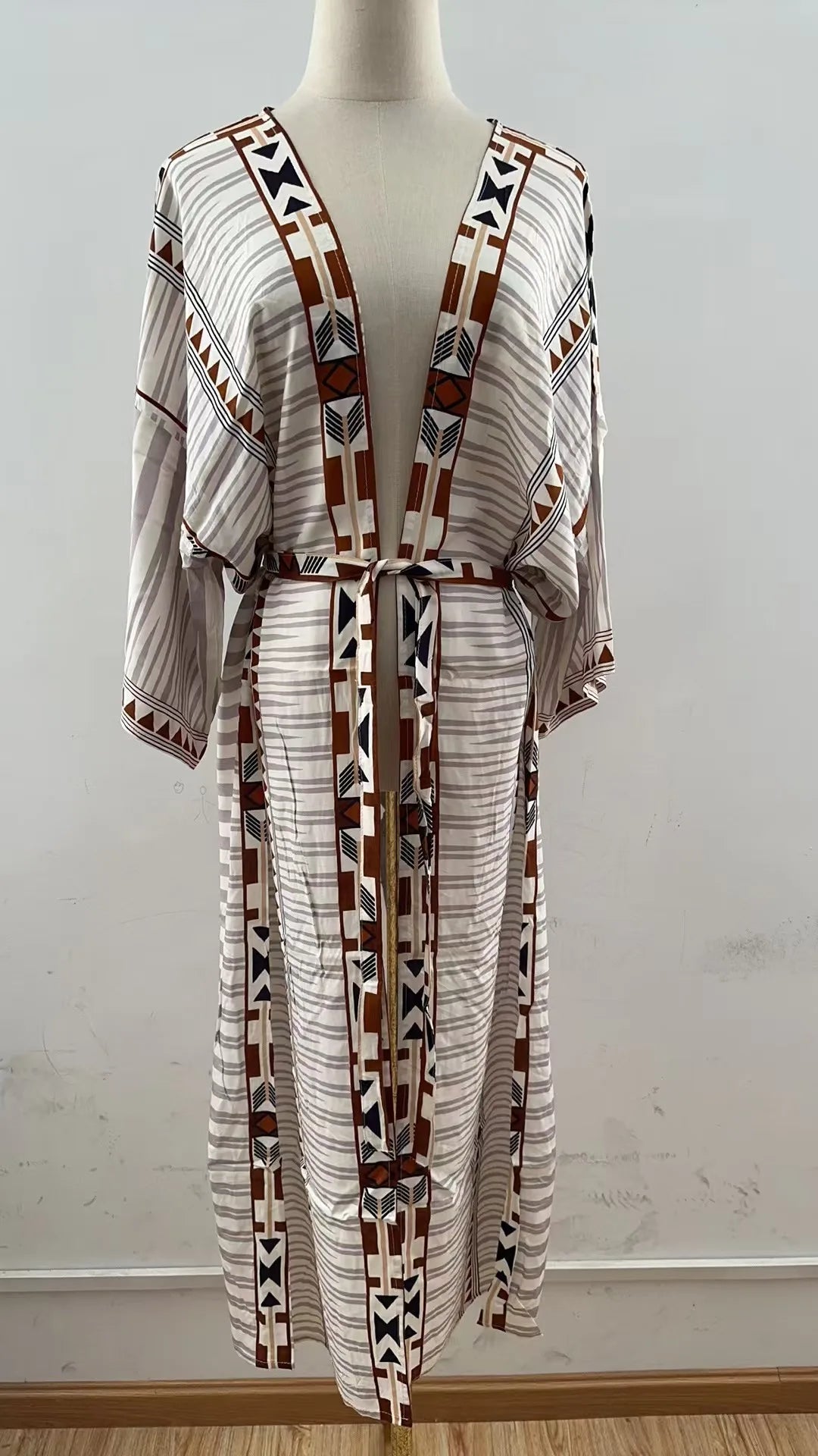 Beach Cover Up Over Sized Kimonos Women's Geometry Print Rayon Kimonos with Belt for Summer