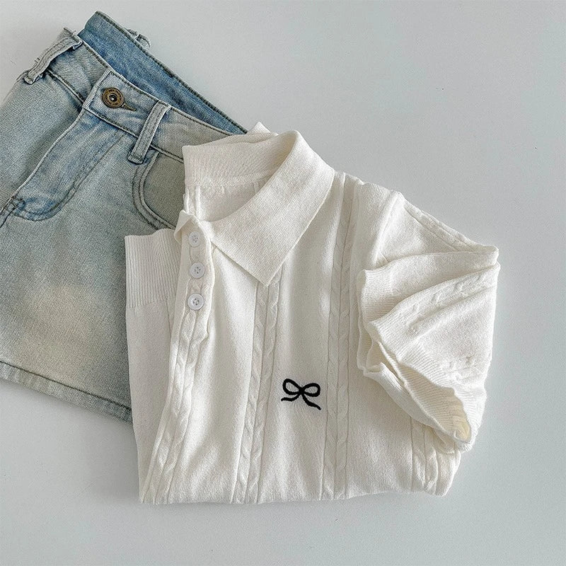 AOSSVIAO 2026 Summer New Korean Fashion Slim Polo shirt Knitted Short Sleeve T-shirt Sweet Bow Embroidered Knitted  Women Tops
