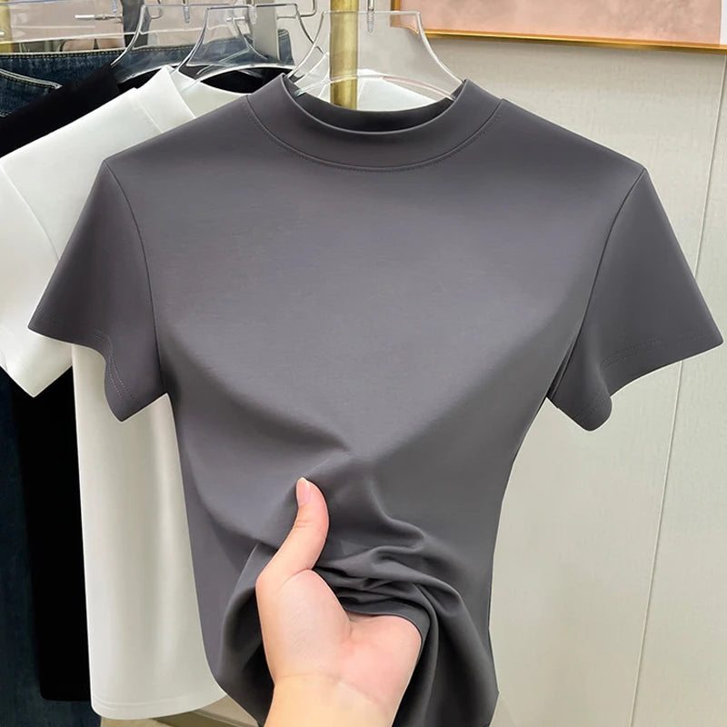 Casual Short Sleeve Women T-shirts Summer New Solid Color Slim Fit Elegant Basic Tees Top Shirts Half High Neck Simple Tshirt