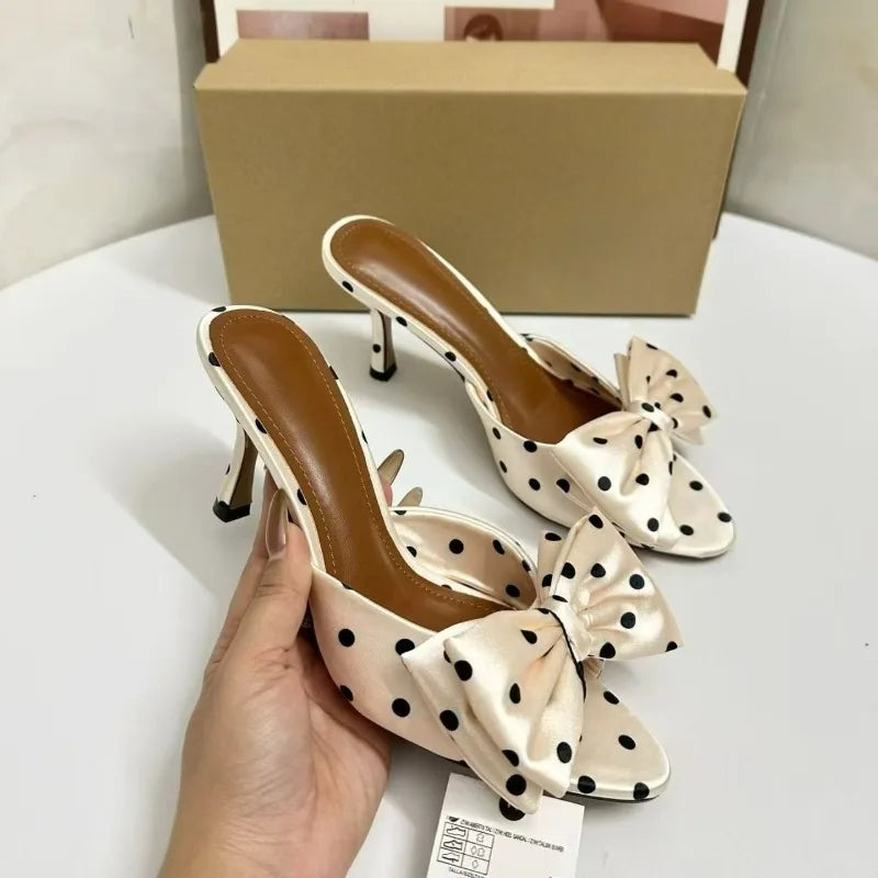 2026 Summer New Women's Polka Dot Bow Satin Mules - Stiletto High Heel Open Toe Fashion Slippers for Party Evening Dress Shoes