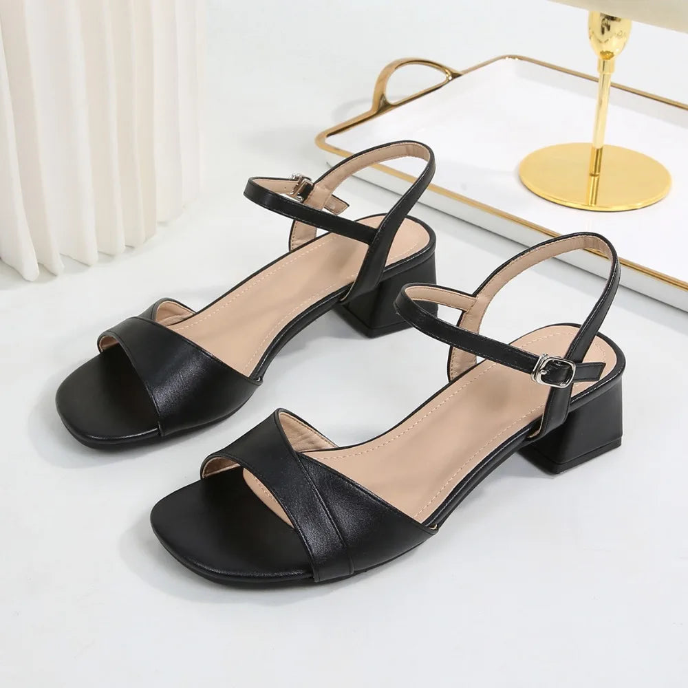 Sandals for Women 2026 Summer Soft Leather Plus Size Thick Heel Straight Buckle Strap High-heeled Sandals Women's Heels Women