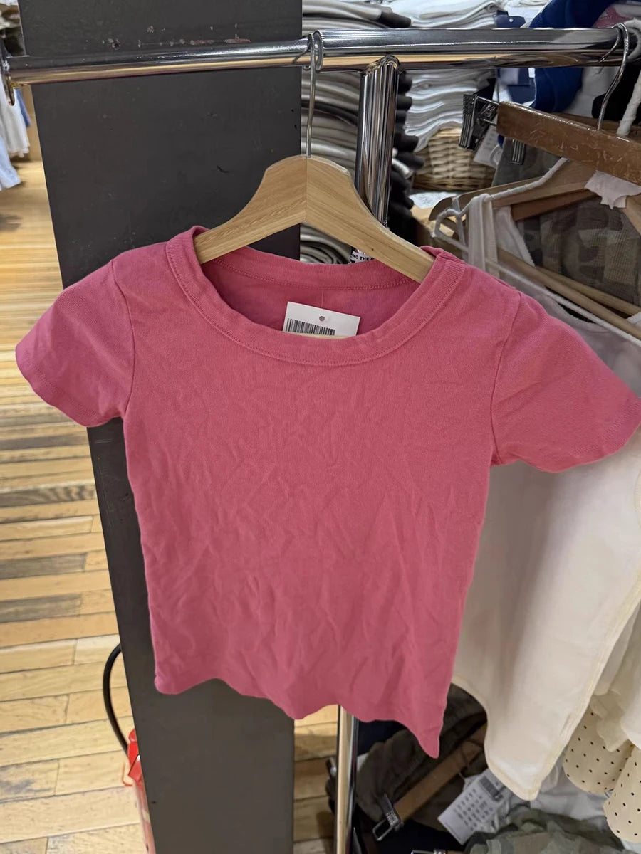 New Rose Red Basic T-shirts Woman Summer O-neck Short Sleeve Cotton Slim Tee Shirts Solid Simple Casual Sweet Fashion Tshirt Top