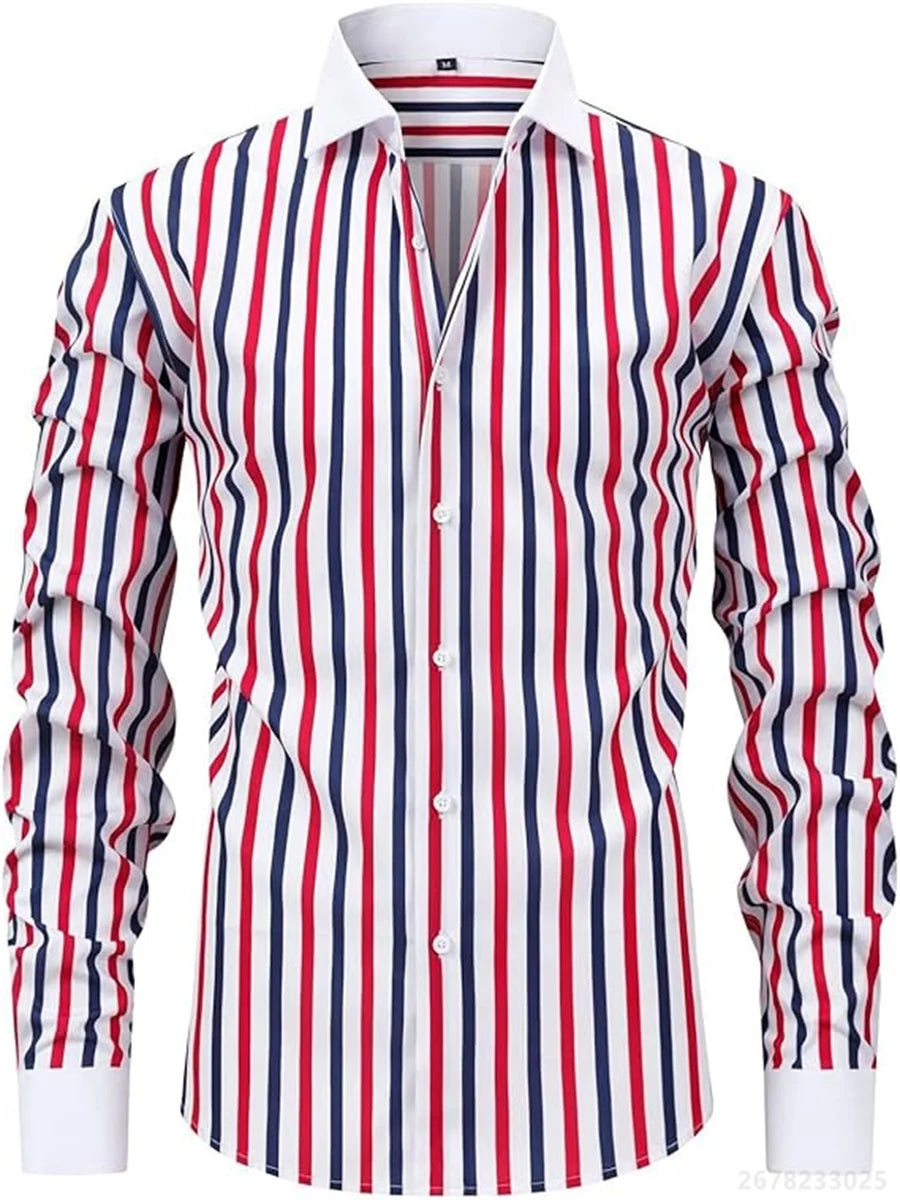 Men's shirts, long-sleeved lapel business formal button-down shirts, men's striped shirts, high-quality men's tops XS-6XL