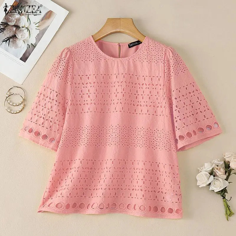 ZANZEA Summer Openwork Embroidered Woman Blouses O-Neck Half Sleeve Patchwork Pullover Tops Bohemian Casual Blusas de Mujer