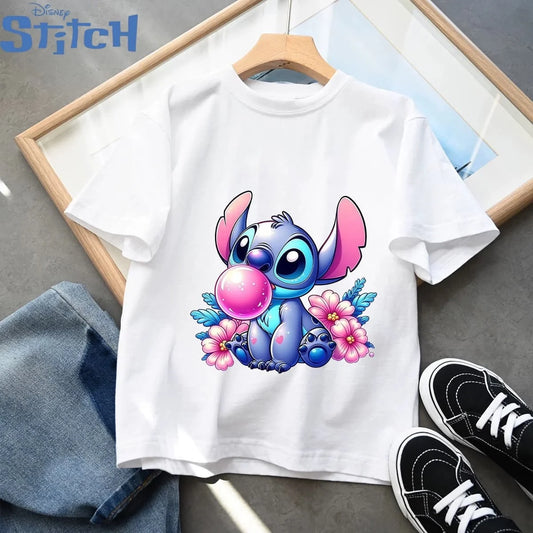 2026 Disney Children's Clothing, Stitch Cartoon Printed T-shirt, Round Neck Top for Boys and Girls, Soft Cotton Fabric Top