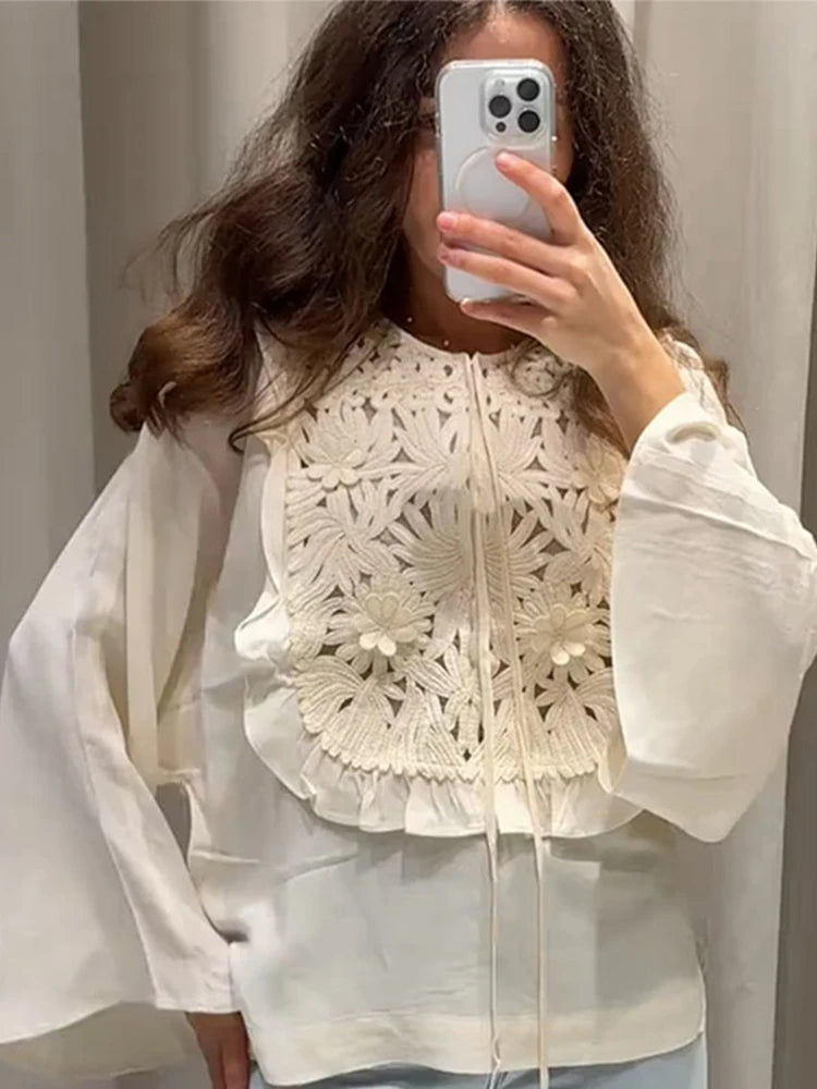 Floral Hollow Embroidery Mini Skirt Sets Women 2 Pieces Flare Sleeved Women