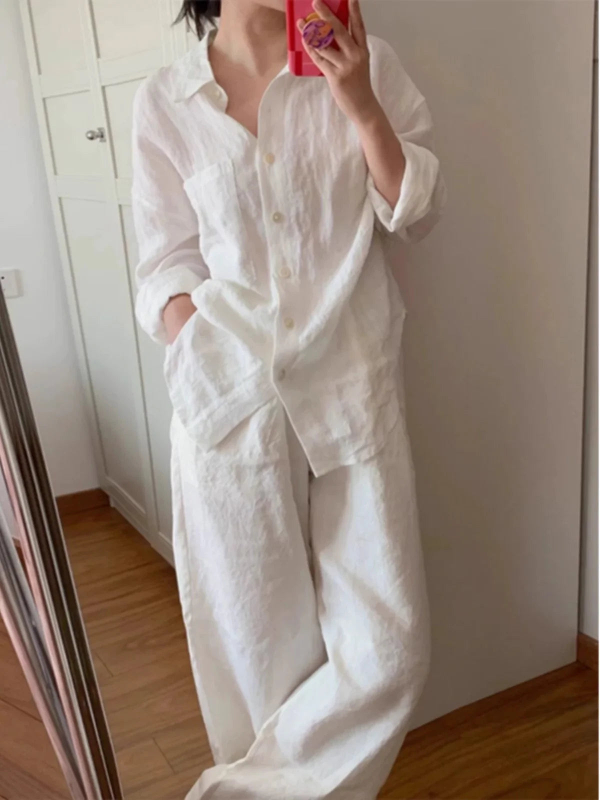 Fashionable Pure Color Cotton Linen Set Long Sleeve Single Button  Neck Shirt Elastic Waist Straight Leg Pants Two Piece Set