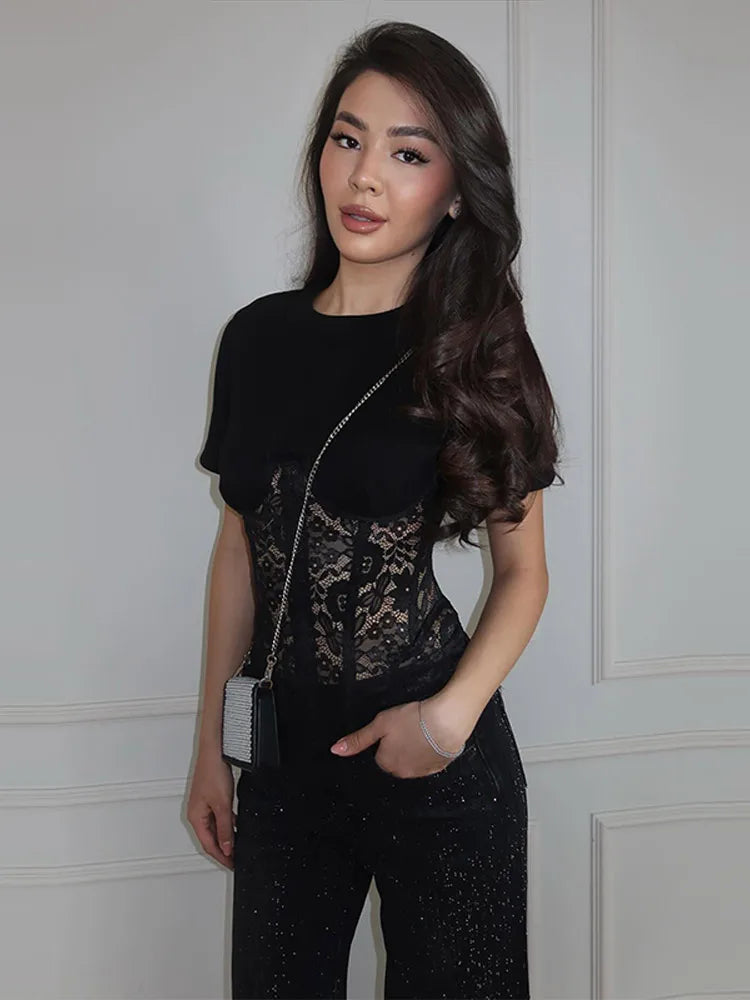 Sexy Women's Lace Patchwork Tops See Through O-neck Short Sleeve Bandage Waist Cinching Shirts 2026 Spring Lady New  All-match