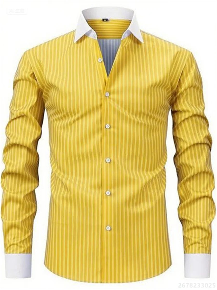 Men's shirts, long-sleeved lapel business formal button-down shirts, men's striped shirts, high-quality men's tops XS-6XL