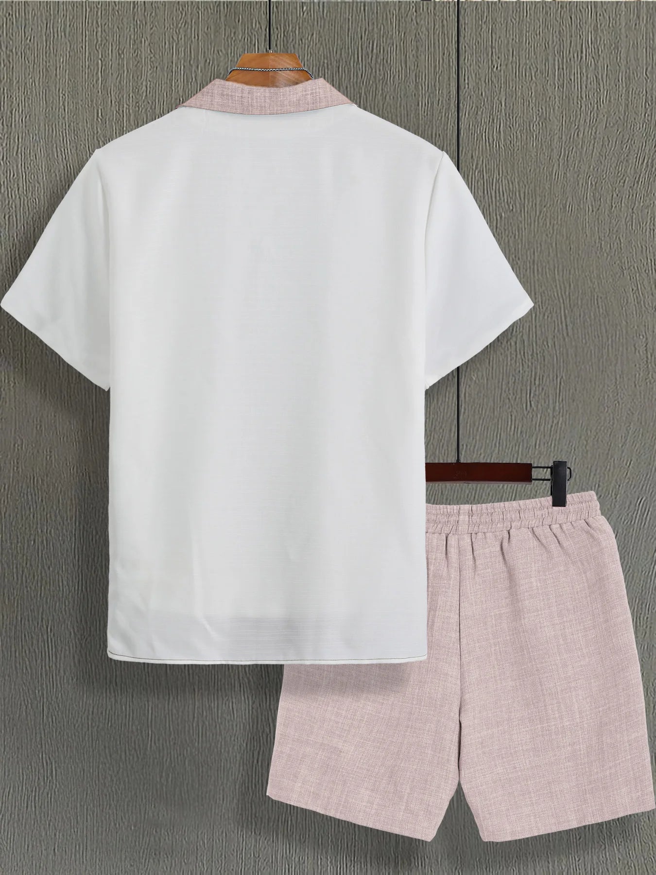 Men's White & Pink Textured Casual Set 2 Piece Lapel Collar Short Sleeve Shirt & Drawstring Shorts Outfit