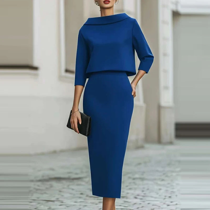 Fashion O-neck Long Sleeve Tops Skirts Matching Sets Elegant Solid Slim Half Skirts Sets Temperament Simple Wrap Hips Skirts Set