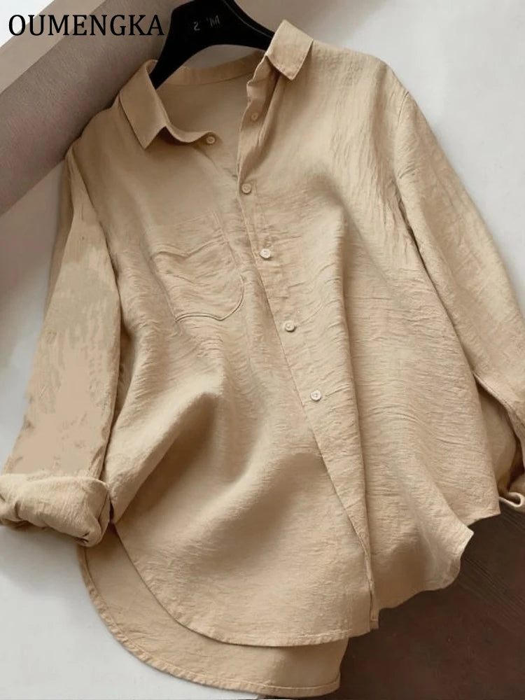 Women Minimalist Loose Tops Fashion Summer Thin Cotton Linen White Shirt Long Sleeve Blouse Solid Turn-down Collar Easy Wear