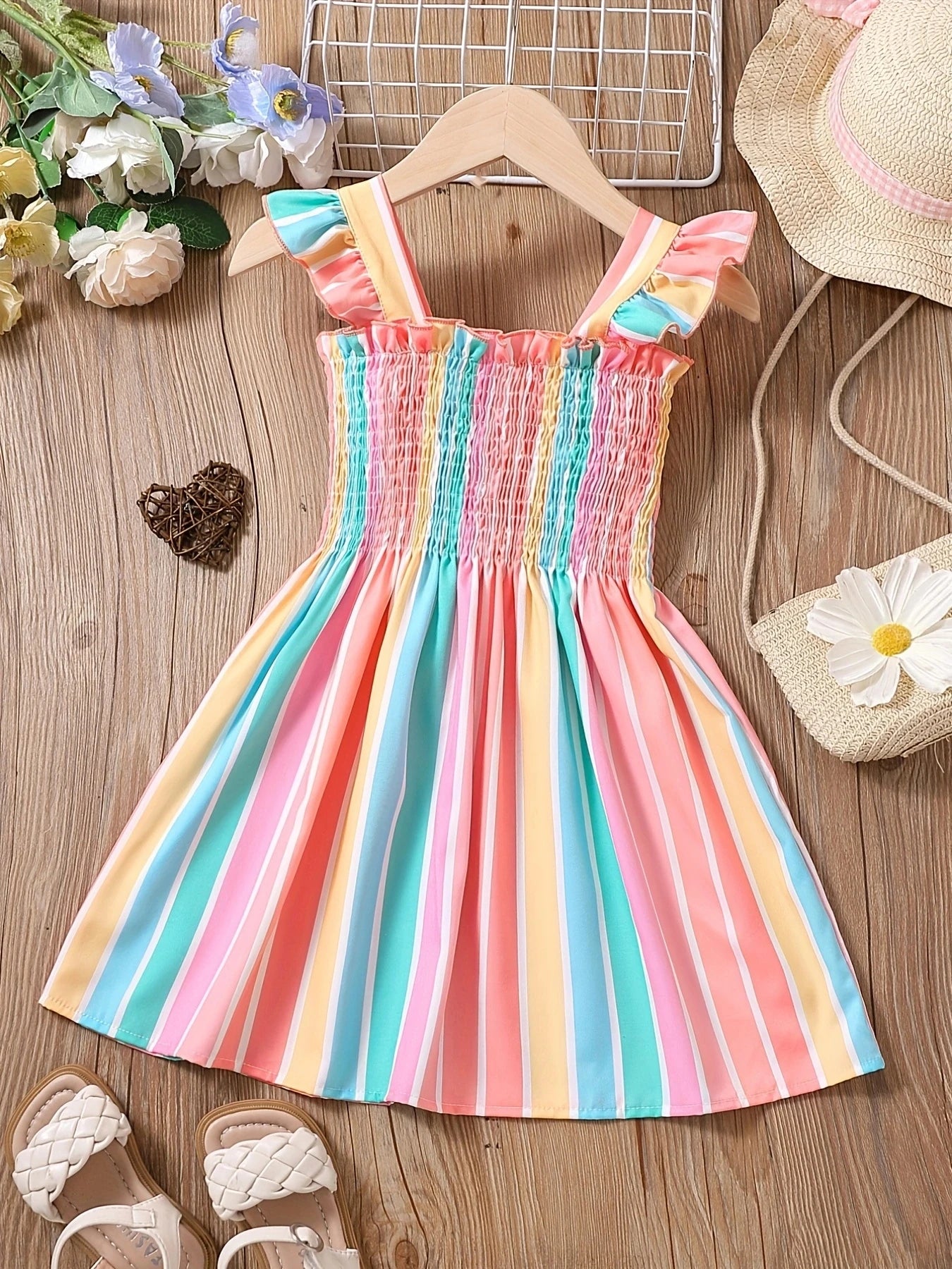 Girls' striped parallel pleated ruffle A-line dress