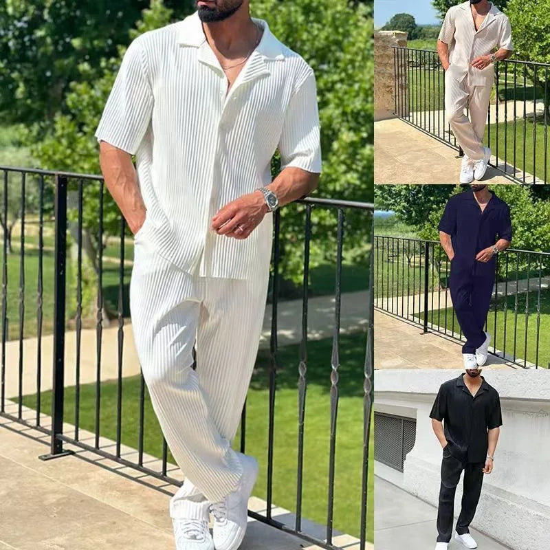 New Men's Commuter Set, Casual Button-Up Short Sleeve Shirt & Long Pants, Trendy Two-Piece Outfit for Men