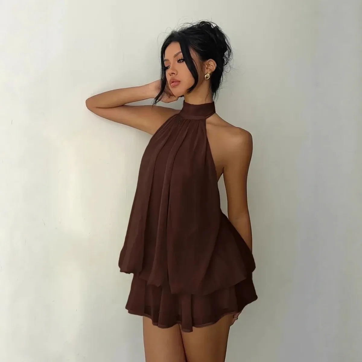 Women's Halter Neck Dress, Backless Tie-Front Chiffon Sheer Mini Skirt