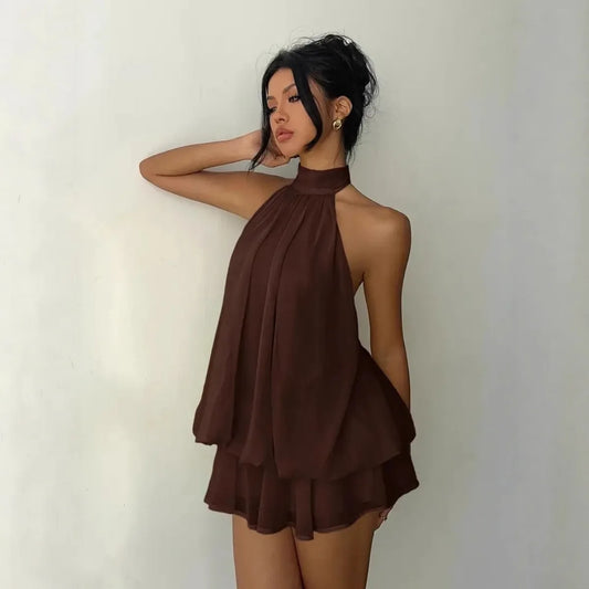 Women's Halter Neck Dress, Backless Tie-Front Chiffon Sheer Mini Skirt