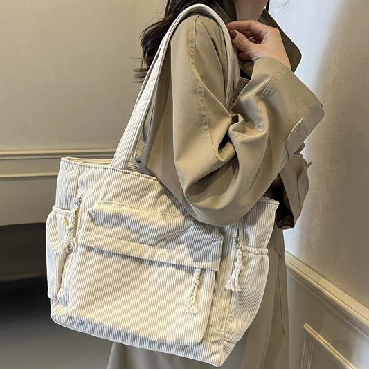 Travel Master Corduroy Shoulder Bag Handbag with Zipper Multiple Pocket Tote Bag For Women Solid Color Daily Commuter Handbag