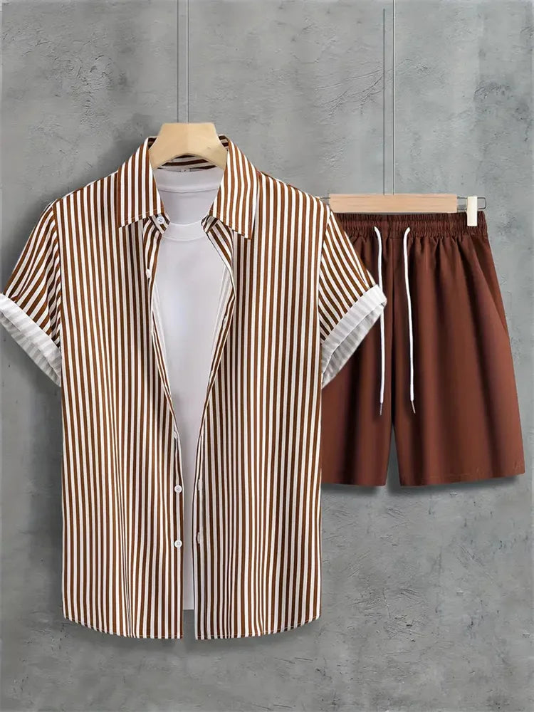 2024 Summer Men's Casual Commuter Suit Men's Striped Printed Shirt Short Sleeve Shorts 2-Piece Men's Hawaiian Beach Style Wear