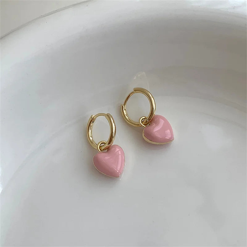 Romantic Pink Heart Shape Drop Earrings for Women Minimalist Gold Color Geometry Hoop Earrings Girl Temperament Party Jewelry