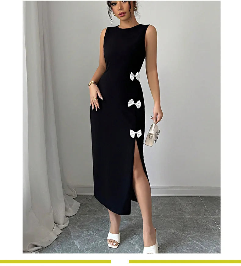 Y2K  O-neck Fashion Slit women's casual dresses Beach Outfits Summer Sexy Black Long Maxi Dress Evening Pary Cheap Clothes Woman