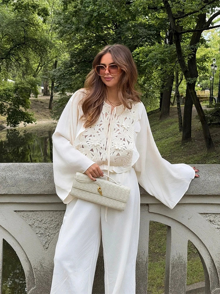 Floral Hollow Embroidery Mini Skirt Sets Women 2 Pieces Flare Sleeved Women