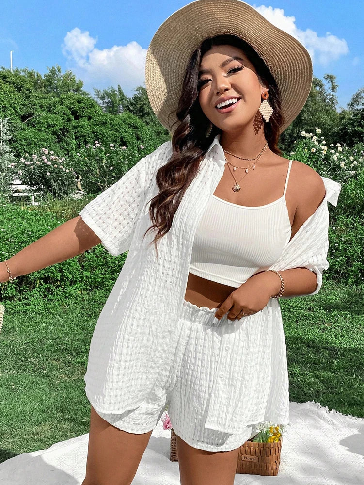 Women's Summer 2026 Pure Color Cutout Beach Knit Suit in Polyester
