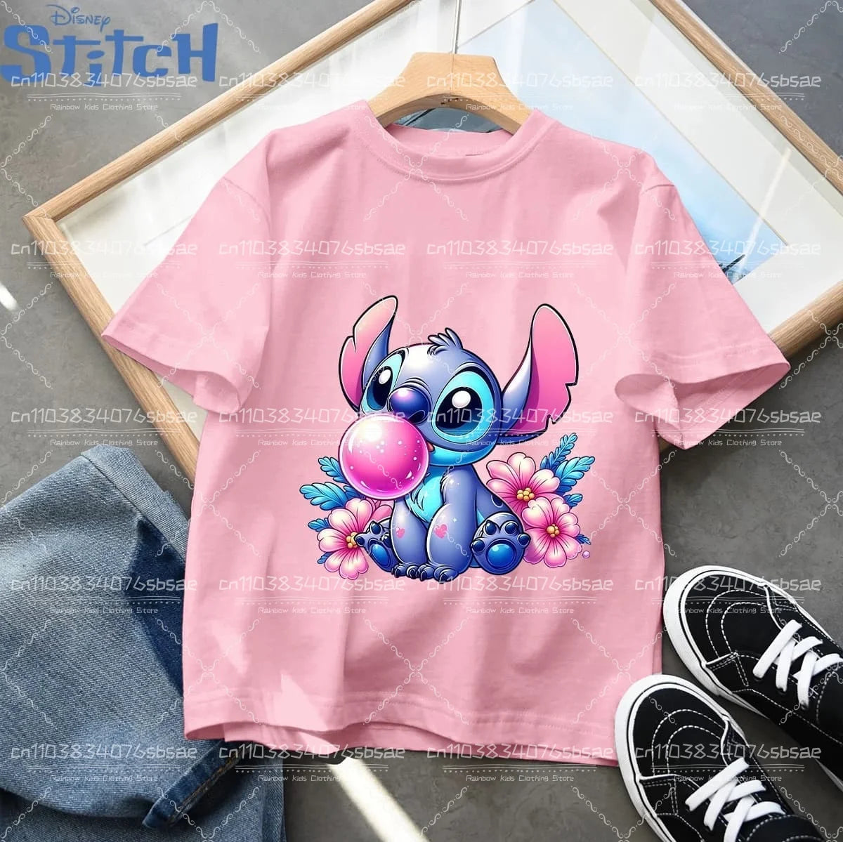 2026 Disney Children's Clothing, Stitch Cartoon Printed T-shirt, Round Neck Top for Boys and Girls, Soft Cotton Fabric Top