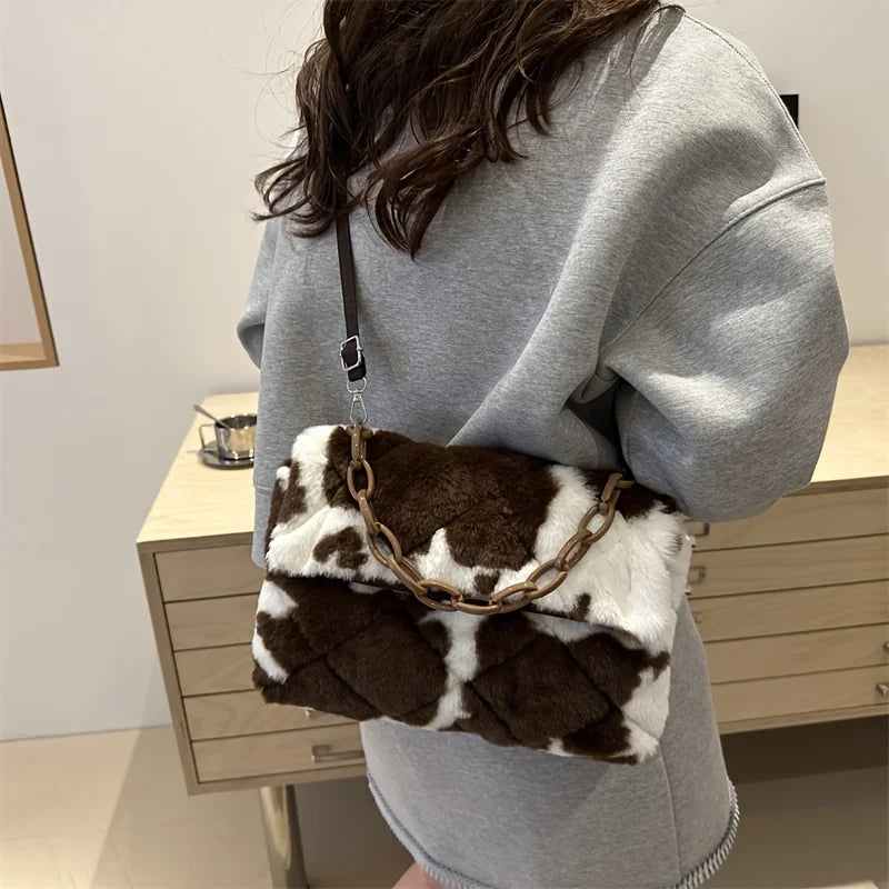 Korean-style ladies' handbag, autumn and winter plush crossbody bag, fashionable leopard print handbag, birthday gift