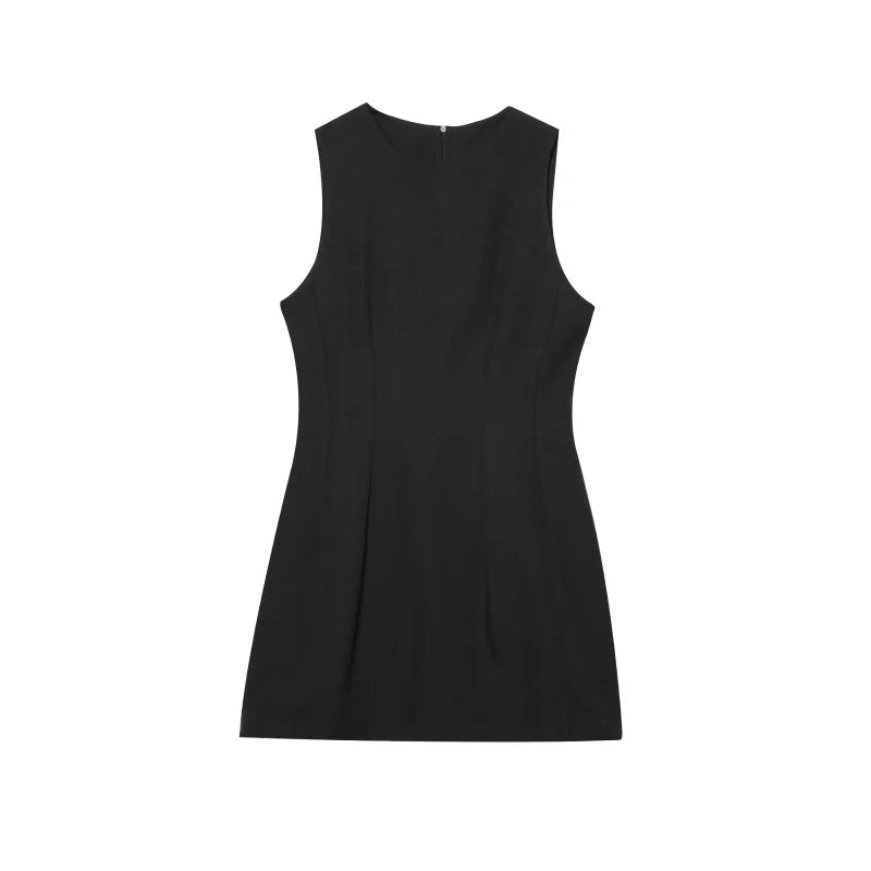 ETJ2025 summer new  women's ZW series elegant simple classic puffy round neck sleeveless waist short dress