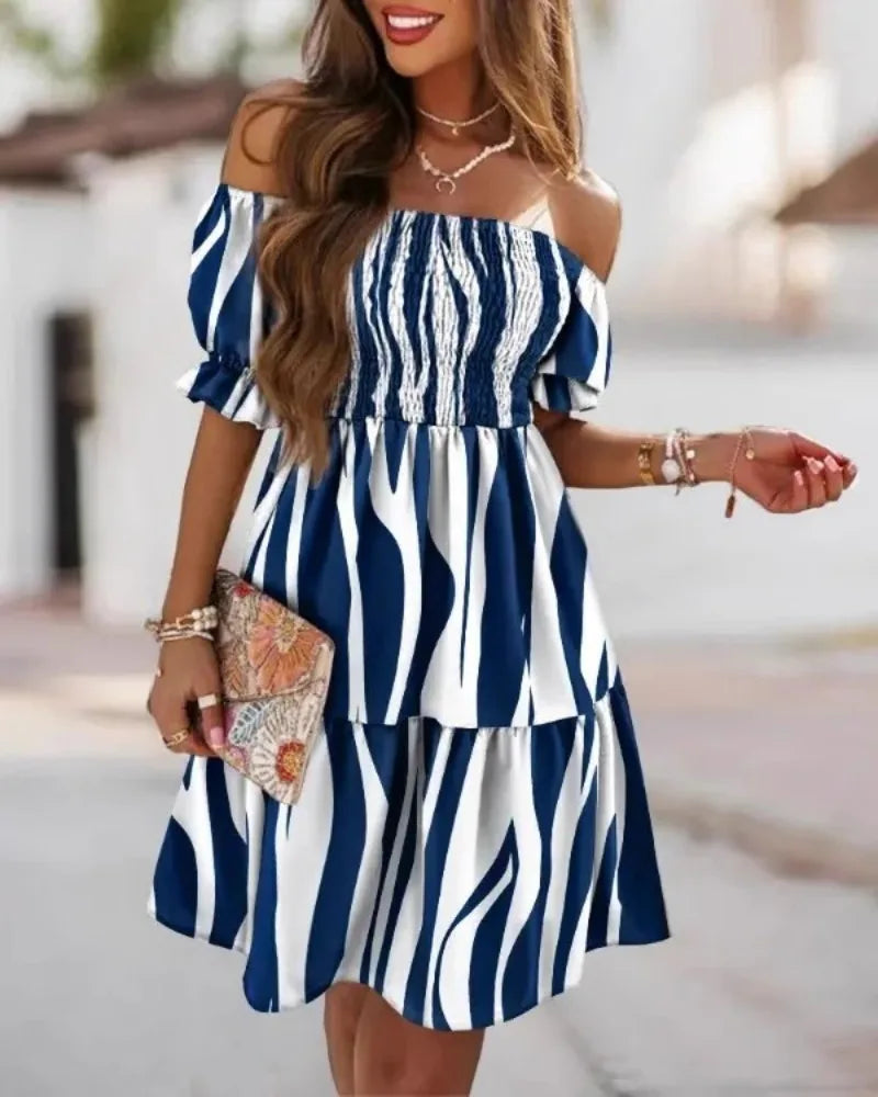 Women's Summer Short Sleeved Loose Bohemian Print Off Shoulder Pleated Mini Dress Party Dress Fashion