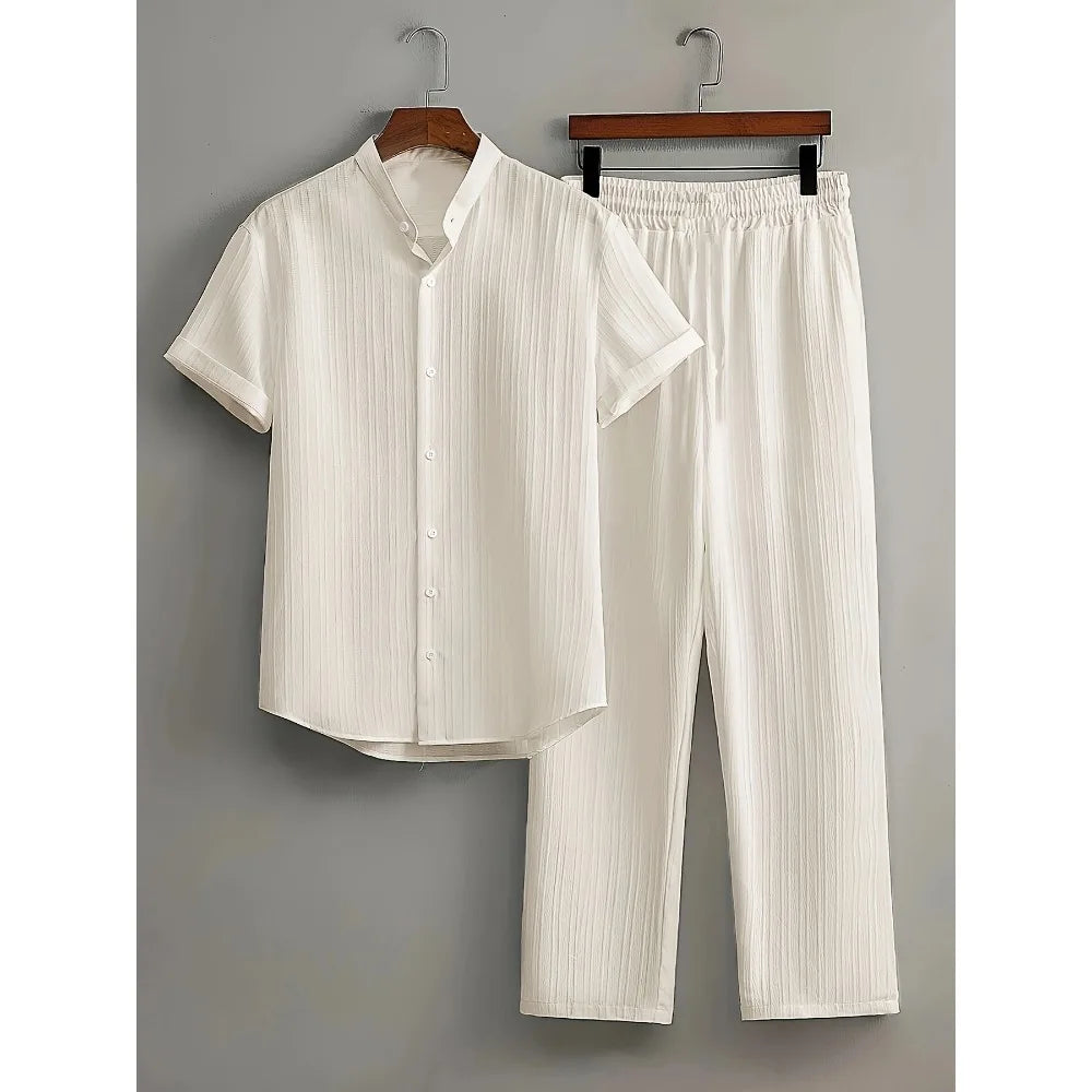 Men's Summer White Suit Outdoor Travel Suit Solid Color Vertical Strip Lapel Short-sleeved Shirt Drawstring Pants Two-piece Set